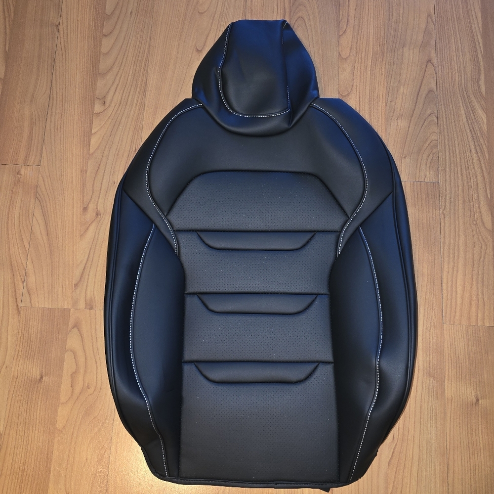 Tesla Model Y Juniper Black Leather Car Seat Cover White Stitching Front & Back